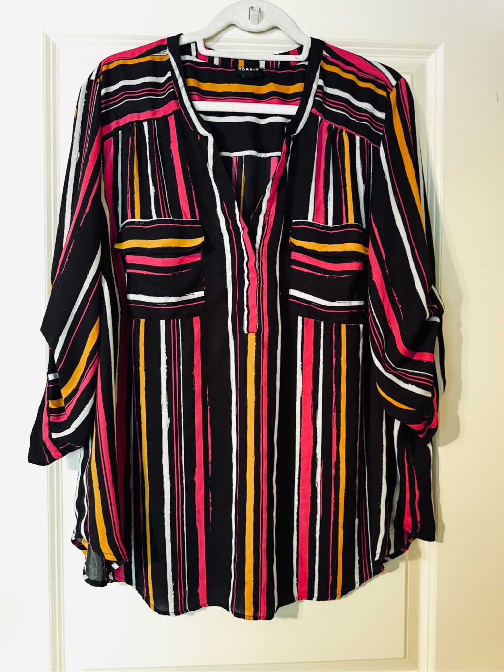 Torrid Stripe Split-Neck Blouse - Black With Pink & Mustard Stripes Size 3